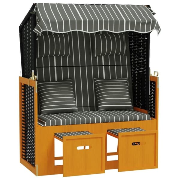 vidaXL Strandkorg med dynor konstrottning och massivt trä svart & grå