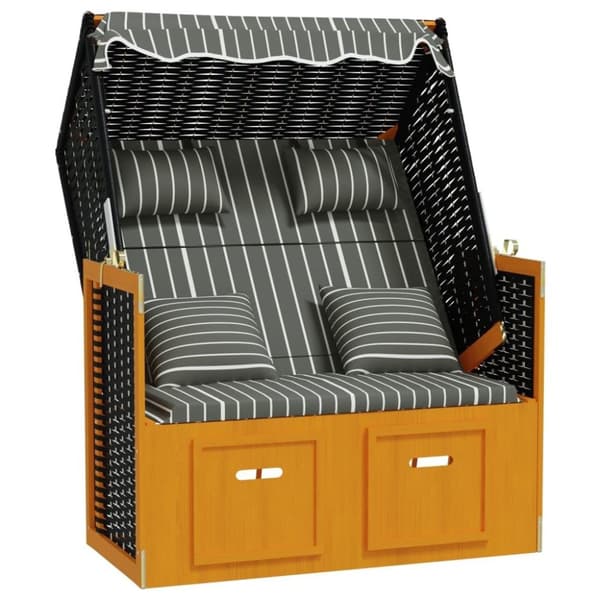 vidaXL Strandkorg med dynor konstrottning och massivt trä svart & grå