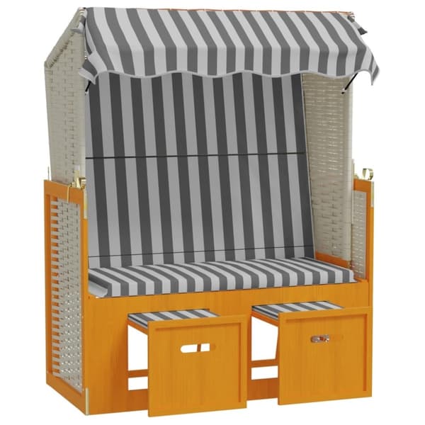vidaXL strandkurv med baldakin polyrattan og massivt træ hvid og grå