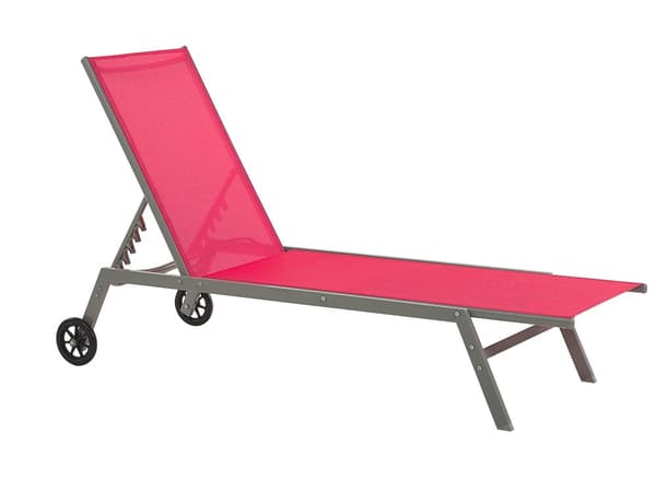 Solvogn Rød Stof og Sort Stål 198 x 64 cm Udendørs Liggestol med Hjul Justerbar Solseng Nakkestøtte Vedligeholdelsesfri Retro til Terrasse