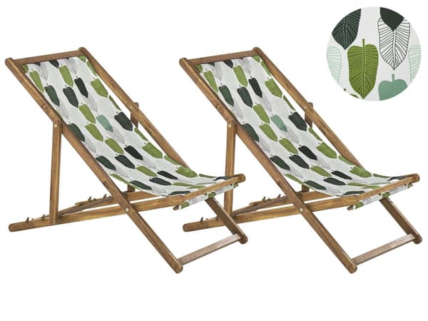 Uppsättning av 2 Solstolar Ljust Akaciaträ Ram Flamingo Motiv Tyg Justerbar Hopfällbar