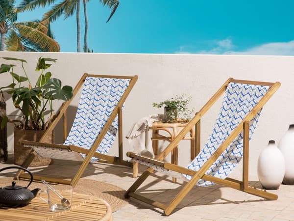 Sett med 2 solsenger Blå Hvit Lyst akasietre Polyester Sammenleggbar Strandstol Hage Moderne