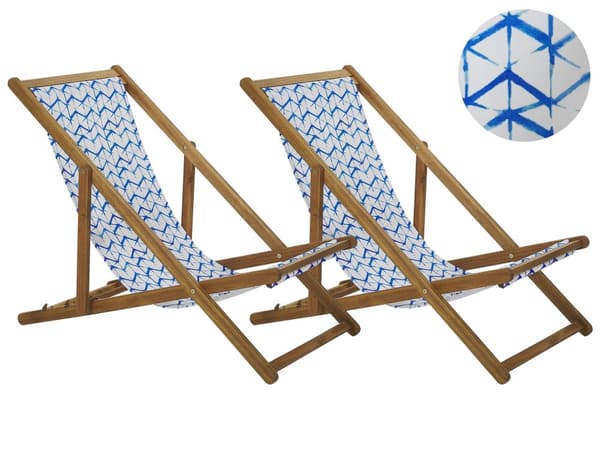 Sett med 2 solsenger Blå Hvit Lyst akasietre Polyester Sammenleggbar Strandstol Hage Moderne