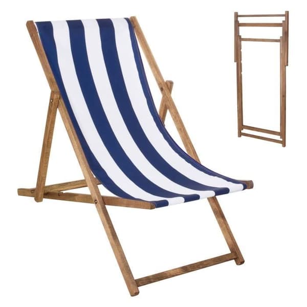 Hopfällbar strandstol i trä - SPRINGOS® - blå ränder - 120 kg