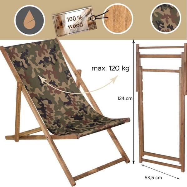 SPRINGOS® Trädgårdsstol impregnerad hopfällbar solstol i Beach Wood 120 kg - Moro