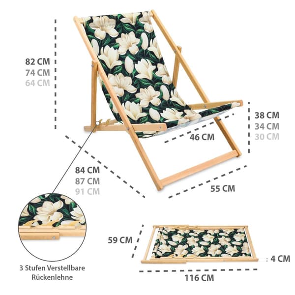 Liggestol foldbar lavet af træ - klapstol foldbar liggestol solstol strandstol træ klapstol solstol havestole blomster 1 stk