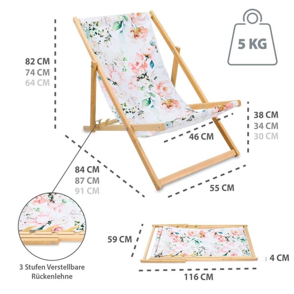 Liggestol foldbar lavet af træ - klapstol foldbar liggestol solstol strandstol træ klapstol solstol havestole blomster 1 stk