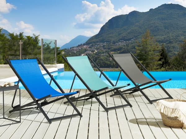Strandstol Blå Sort Aluminium 130 cm Liggestol til Haven Udendørs Solstol Foldbar Sammenklappelig Camping Design Tilbehør