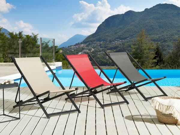 Sammenleggbar dekkstol Rød Textilene Sling Seat Beach Chair Justerbar ryggstøtte Patio Recliner