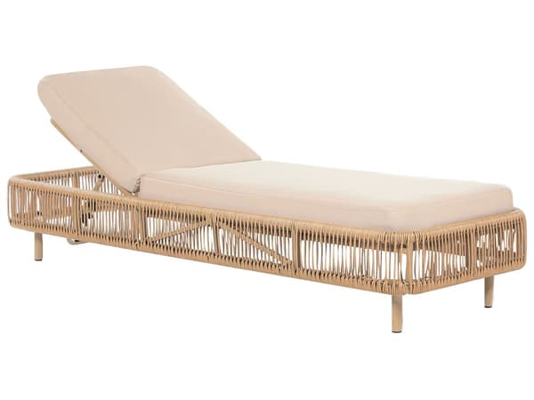Aurinkotuoli beige luonnonväri polyrottinki säädettävä selkänoja 5 asentoa UV-kestävä pehmuste boho