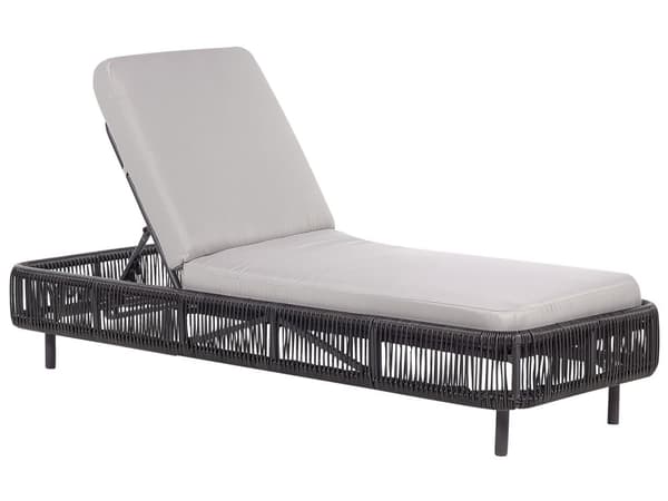 Aurinkotuoli harmaa musta polyrottinki säädettävä selkänoja 5 asentoa UV-kestävä pehmuste boho