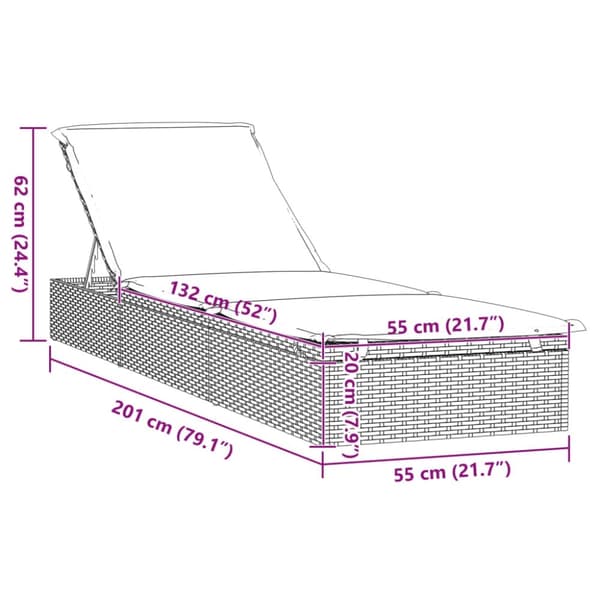 vidaXL liggestol 1 stk. med hynde 201x55x62 cm polyrattan sort