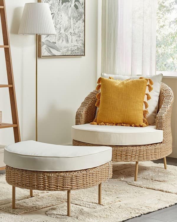 Trädgård Fåtölj med fotpall Natur Vita dynor PE Rotting Boho Design Uteservering