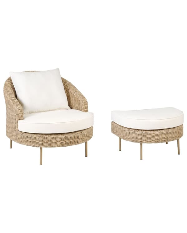 Trädgård Fåtölj med fotpall Natur Vita dynor PE Rotting Boho Design Uteservering