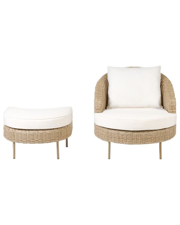 Trädgård Fåtölj med fotpall Natur Vita dynor PE Rotting Boho Design Uteservering