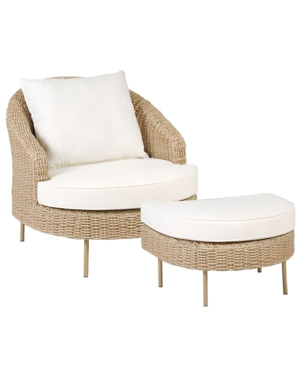 Trädgård Fåtölj med fotpall Natur Vita dynor PE Rotting Boho Design Uteservering