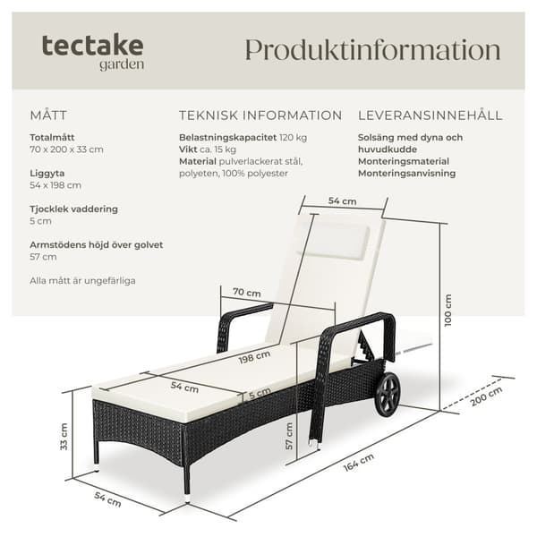 Solsäng i konstrotting med hjul - svart/beige