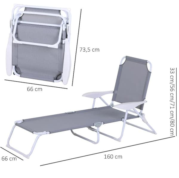 Rootz Däckstol - Lounge Chair - Solstol - Hopfällbar - 4-lagers - Armstöd - Mesh - Tyg - Grå - 160 x 66 x 80 cm