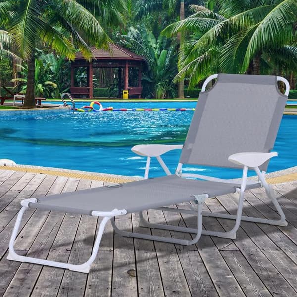 Rootz Däckstol - Lounge Chair - Solstol - Hopfällbar - 4-lagers - Armstöd - Mesh - Tyg - Grå - 160 x 66 x 80 cm