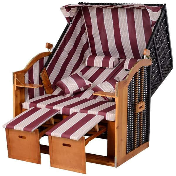 Rootz Beach stol - Fåtölj - Solstol - Mugghållare - Fotstöd - Baldakin - Justerbart ryggstöd - Rotting - Röd - Vit - Metall - Trä - 118 x 79 x 150 cm