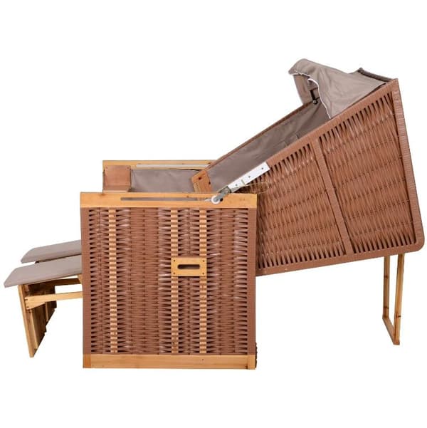 Rootz Strandstol - Hvilestol - Liggestol - Kopholdere - Fodstøtte - Baldakin - Justerbart ryglæn - Rattan - Brun - Metal - Træ - 118 x 79 x 150 cm