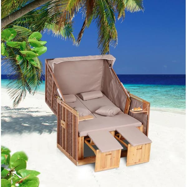 Rootz Strandstol - Hvilestol - Liggestol - Kopholdere - Fodstøtte - Baldakin - Justerbart ryglæn - Rattan - Brun - Metal - Træ - 118 x 79 x 150 cm