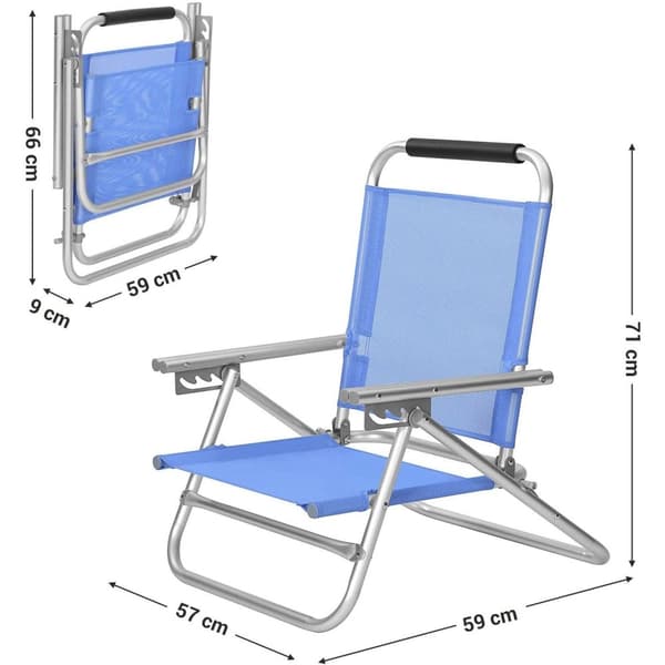 Rootz Strandstol - Foldestol - Campingstol - Justerbar - Armlæn - Åndbar - Blå - Aluminium - Syntetisk fiber - 57 x 59 x 71 cm