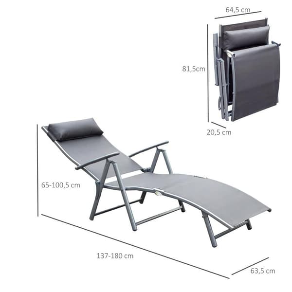 Rootz Sun Lounger - Beach Lounger - Garden Lounger - Foldable - Gray Metal - Fabric Gray - 137 X 63.5 X 100.5 Cm