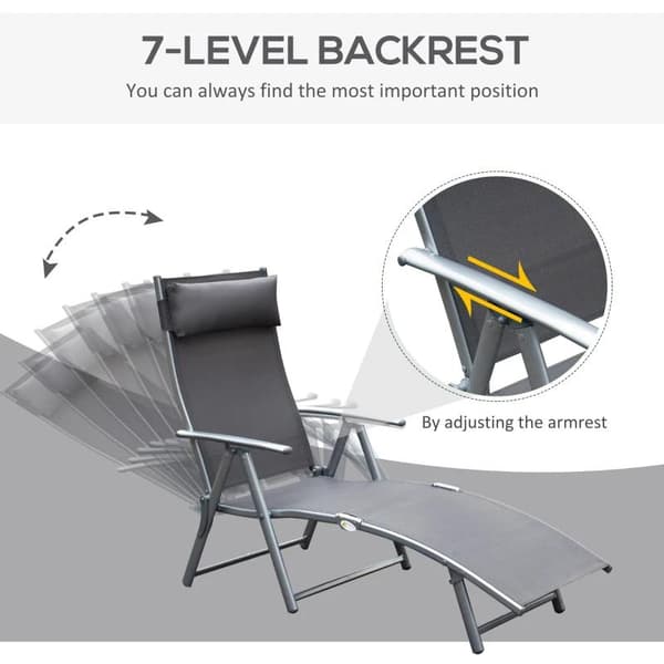 Rootz Sun Lounger - Beach Lounger - Garden Lounger - Foldable - Gray Metal - Fabric Gray - 137 X 63.5 X 100.5 Cm