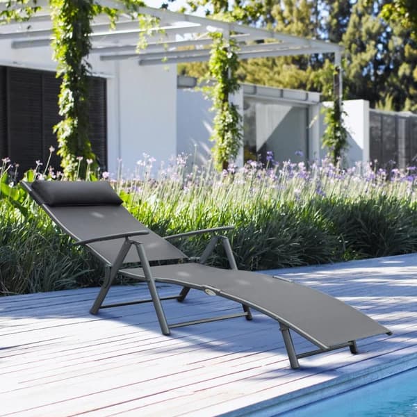 Rootz Sun Lounger - Beach Lounger - Garden Lounger - Foldable - Gray Metal - Fabric Gray - 137 X 63.5 X 100.5 Cm