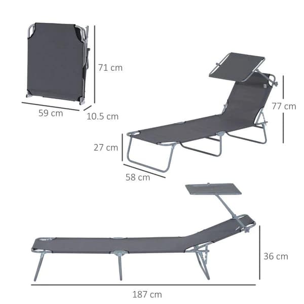 Rootz aurinkotuoli - puutarhatuoli - rantatuoli - Wellness lepotuoli - Taitettava - Aurinkosuoja - Säädettävä lepotuoli - Harmaa - 187L X 58W X 36H CM