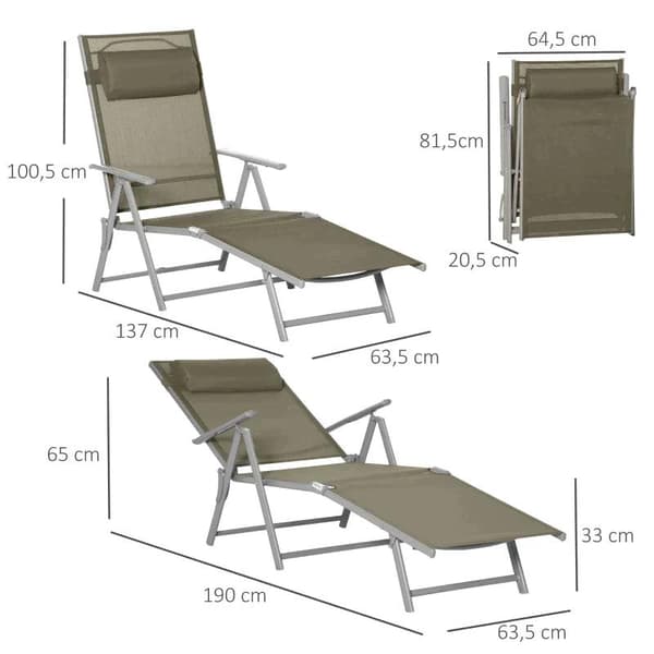 Rootz Solseng - Liggestol - Haveseng - 7 Positioner - Justerbar - Strandseng med pude - Sammenfoldelig - Mesh Metal - Grå + Sølv - 137 x 63,5 x 100,5