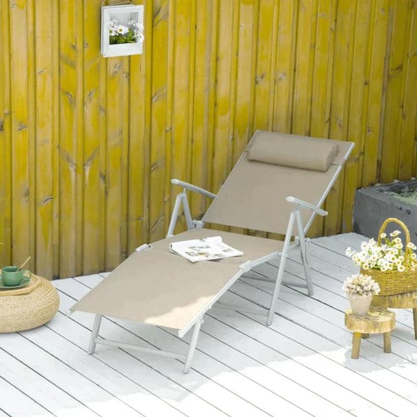 Rootz Solseng - Liggestol - Haveseng - 7 Positioner - Justerbar - Strandseng med pude - Sammenfoldelig - Mesh Metal - Grå + Sølv - 137 x 63,5 x 100,5