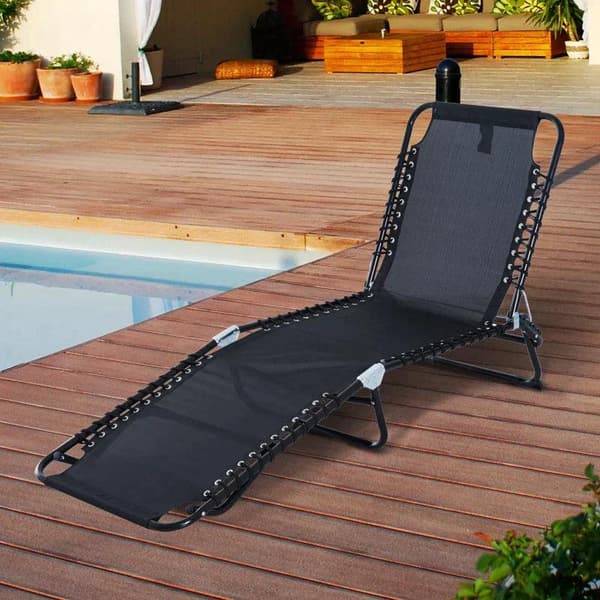 Rootz Solstol - Hopfällbar trädgårdssäng - Fällbar trädgård 4-stegs ryggstöd - Justerbar - Stål - Meshtyg - Svart - 197 x 58 x 76 cm