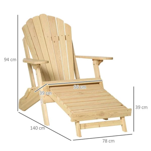 Rootz Havestol - Adirondack Havestol med Fodstøtte - Sammenklappelig liggestol - Udendørs havemøbler - Naturligt fyrretræ - 78 x 140 x 94 cm