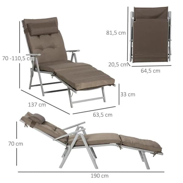 Rootz Haveseng - Solseng - Strandseng - Sammenklappelig - Justerbar - Med pude - Metal/Stof - Brun/Sølv - 137 x 63,5 x 100,5 cm