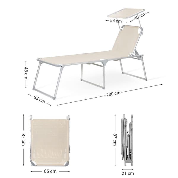 Rootz aurinkotuoli - Ulkoaurinkotuoli - Taitettava aurinkotuoli - Säädettävä aurinkotuoli - Puutarha-aurinkotuoli - Pehmusteella ja katolla - Beige -