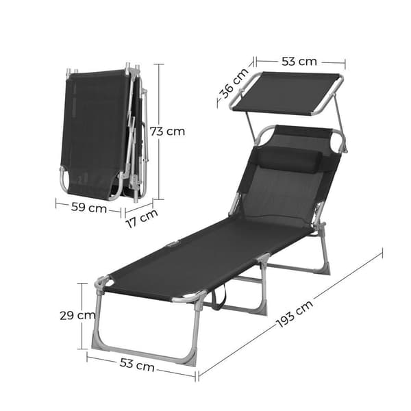 Rootz liggestol - Udendørs liggestol - Sammenklappelig liggestol - Justerbar liggestol - Havesolseng - Med nakkestøtte og solsejl - Sort - 53 x 193 x