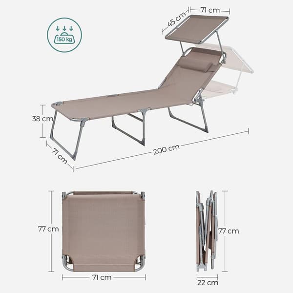 Rootz Solstol - Utomhussolstol - Fällbar solstol - Justerbar solstol - Trädgårdssolstol - Med tak - Taupe - 71 x 200 x 38 cm
