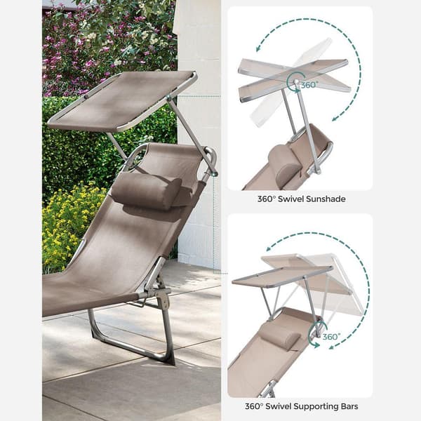 Rootz Solstol - Utomhussolstol - Fällbar solstol - Justerbar solstol - Trädgårdssolstol - Med tak - Taupe - 71 x 200 x 38 cm