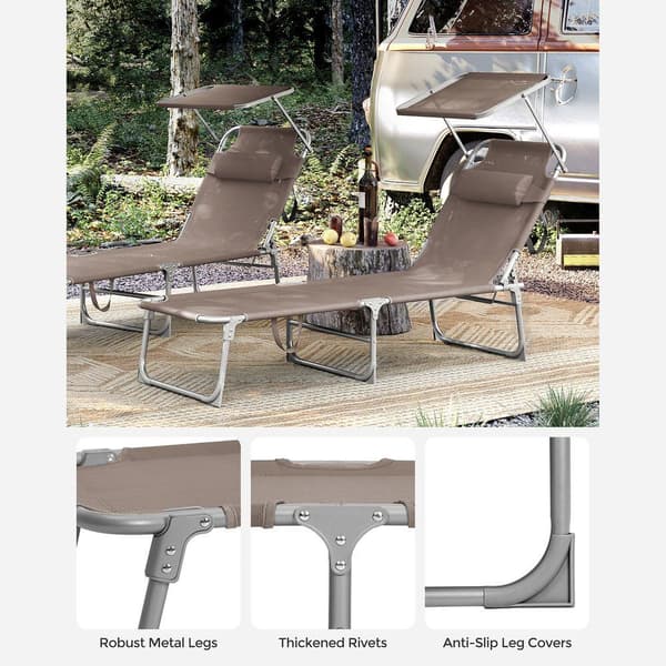 Rootz Solstol - Utomhussolstol - Fällbar solstol - Justerbar solstol - Trädgårdssolstol - Med tak - Taupe - 71 x 200 x 38 cm