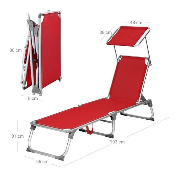 Rootz Solstol - Solstol med solskydd - Utomhussolstol - Fällbar solstol - Bärbar solstol - Solskydd - Aluminium - Syntetfibertyg - Röd - 55 x 193 x 31