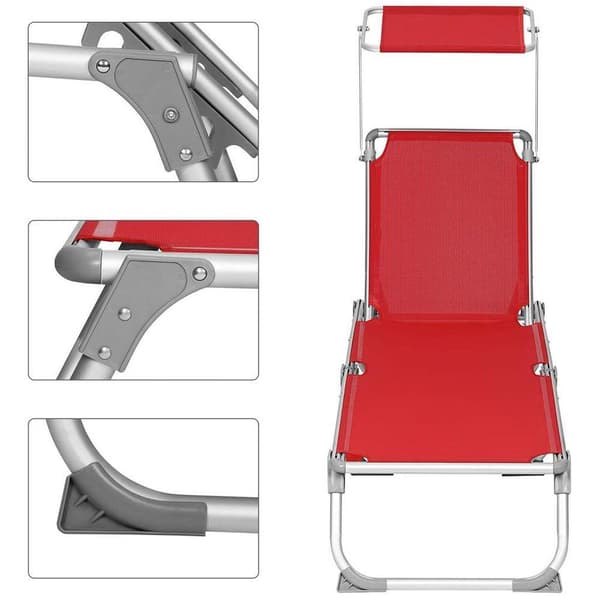 Rootz Solstol - Solstol med solskydd - Utomhussolstol - Fällbar solstol - Bärbar solstol - Solskydd - Aluminium - Syntetfibertyg - Röd - 55 x 193 x 31