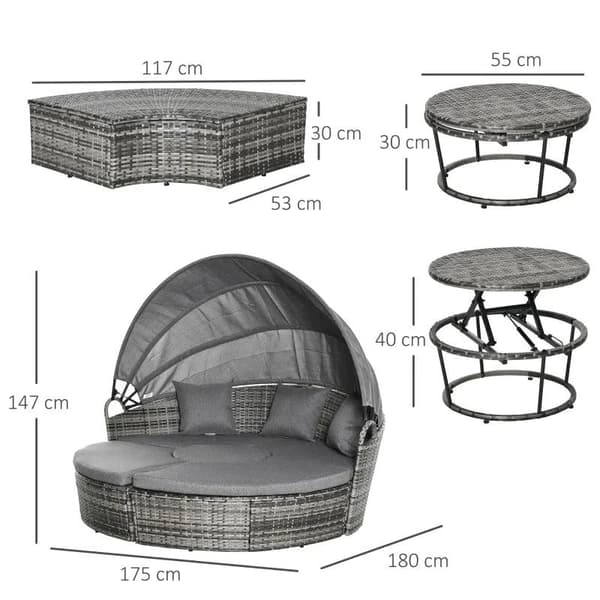 Rootz Rattan Sun Island - 4-delad loungegrupp med taklucka - Sittgrupp med kuddar och sidobord - höjdjusterbar - metall - grå - 175 x 180 x 147 cm