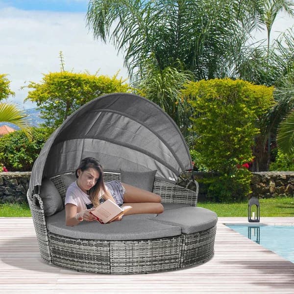 Rootz Rattan Sun Island - 4-delad loungegrupp med taklucka - Sittgrupp med kuddar och sidobord - höjdjusterbar - metall - grå - 175 x 180 x 147 cm