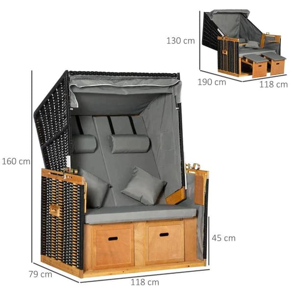 Rootz Beach Chair - 2 personer med lutande ryggstöd - Dekorativa kuddar - Ryggkuddar - Fotstödskuddar - Trä - PE-rotting - Polyester - Skum - Ljusgrå