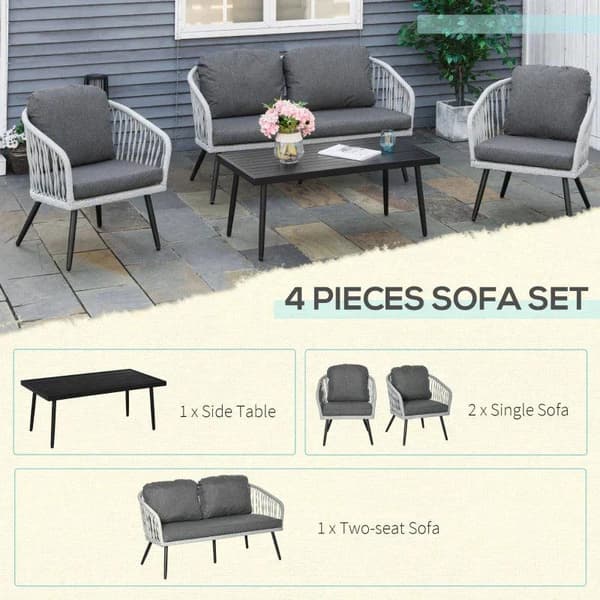 Rootz Utemöbler Set - Trädgårdsmöbler Set - 4-delad Rotting Patio Soff Set - Med 2 enkelkuddar soffor - 1 Loveseat Och 1 Soffbord - Grå