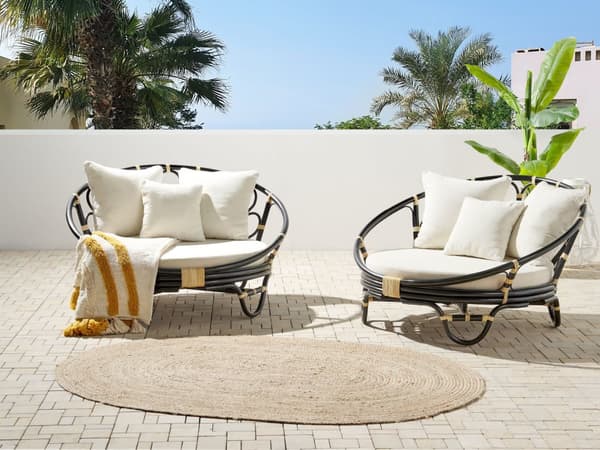 Sæt med 2 Daybed Sort Rattan med 6 Beige Puder Vejrbestandig Boho Traditionel Udendørs Patio