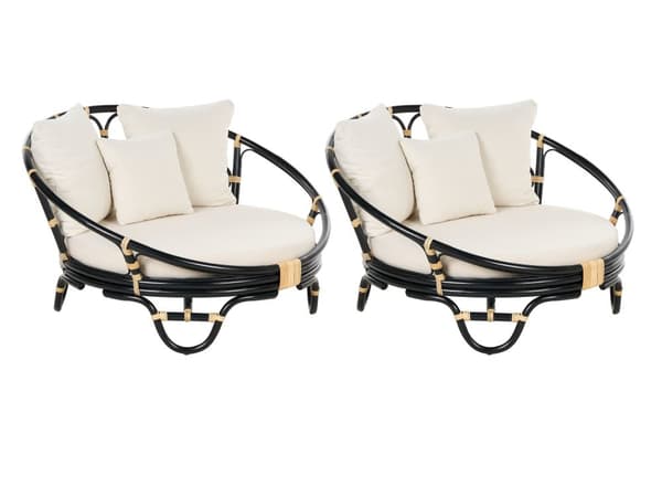 Sæt med 2 Daybed Sort Rattan med 6 Beige Puder Vejrbestandig Boho Traditionel Udendørs Patio