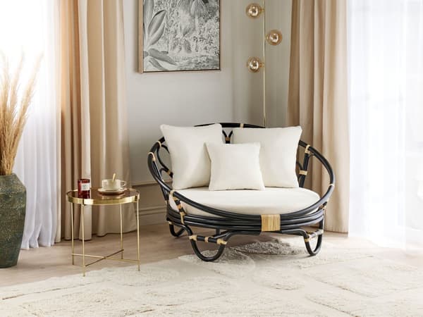 Have Daybed Sort Rattan Flet med 3 Beige Hynder Vejrbestandig Boho Traditionel Udendørs Patio
